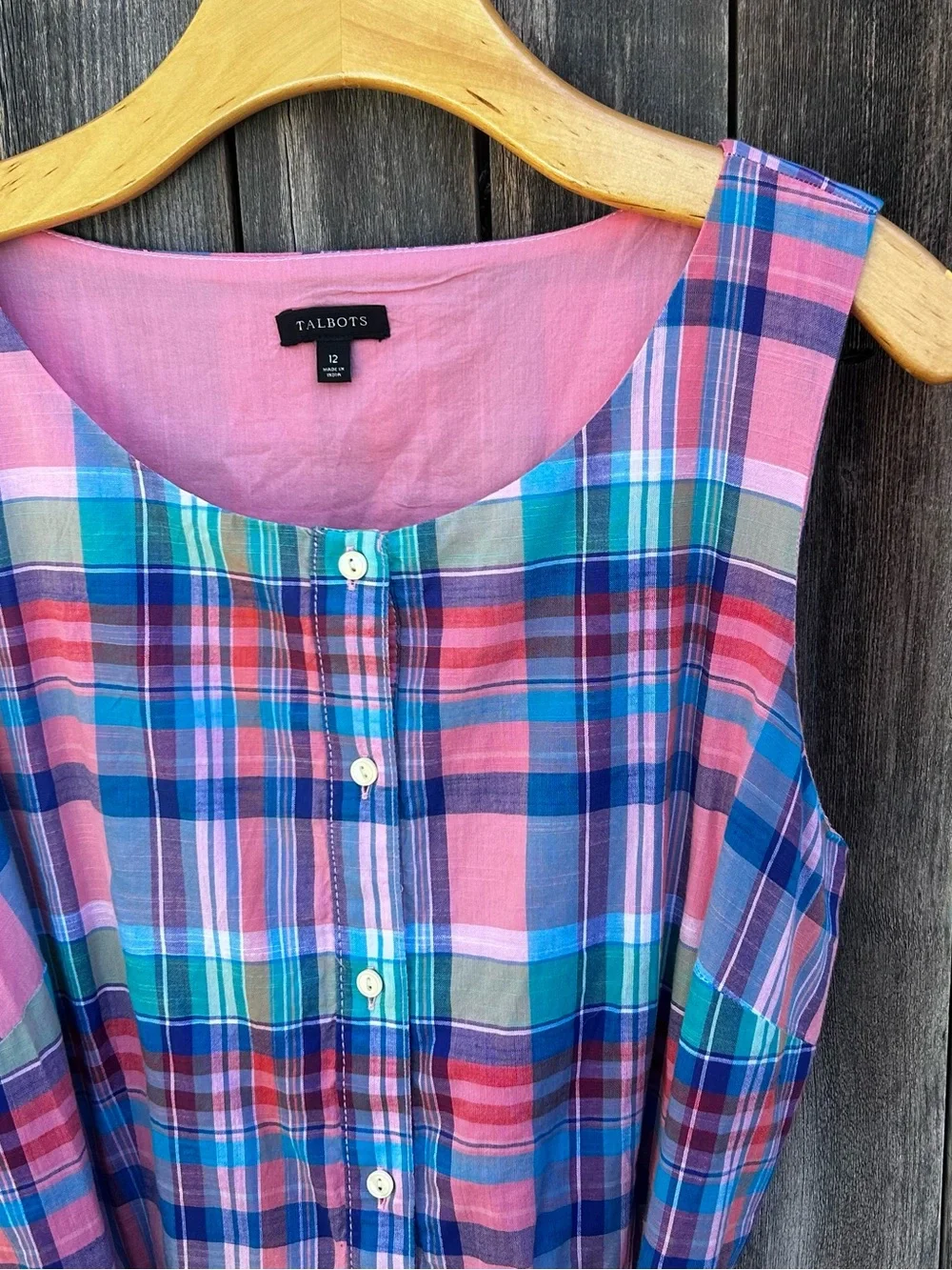 Talbots Madras Plaid Button Front Shirtdress Belted Cotton Pink Blue 12 - Picture 7 of 16